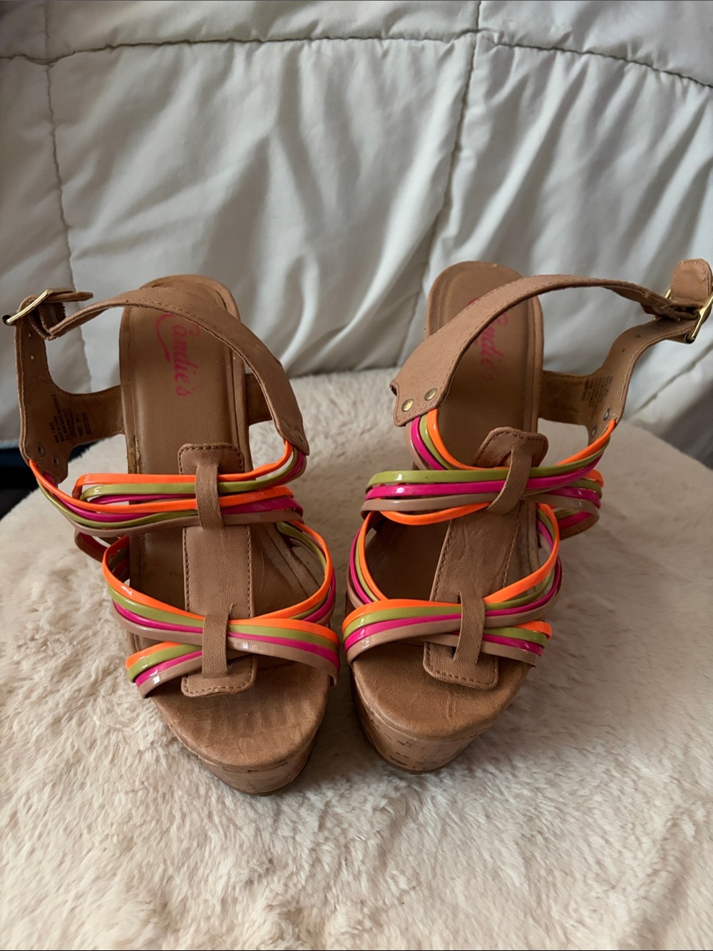 Candie's Tan Wedge Sandals with Neon Pink, Orange & Yellow Straps